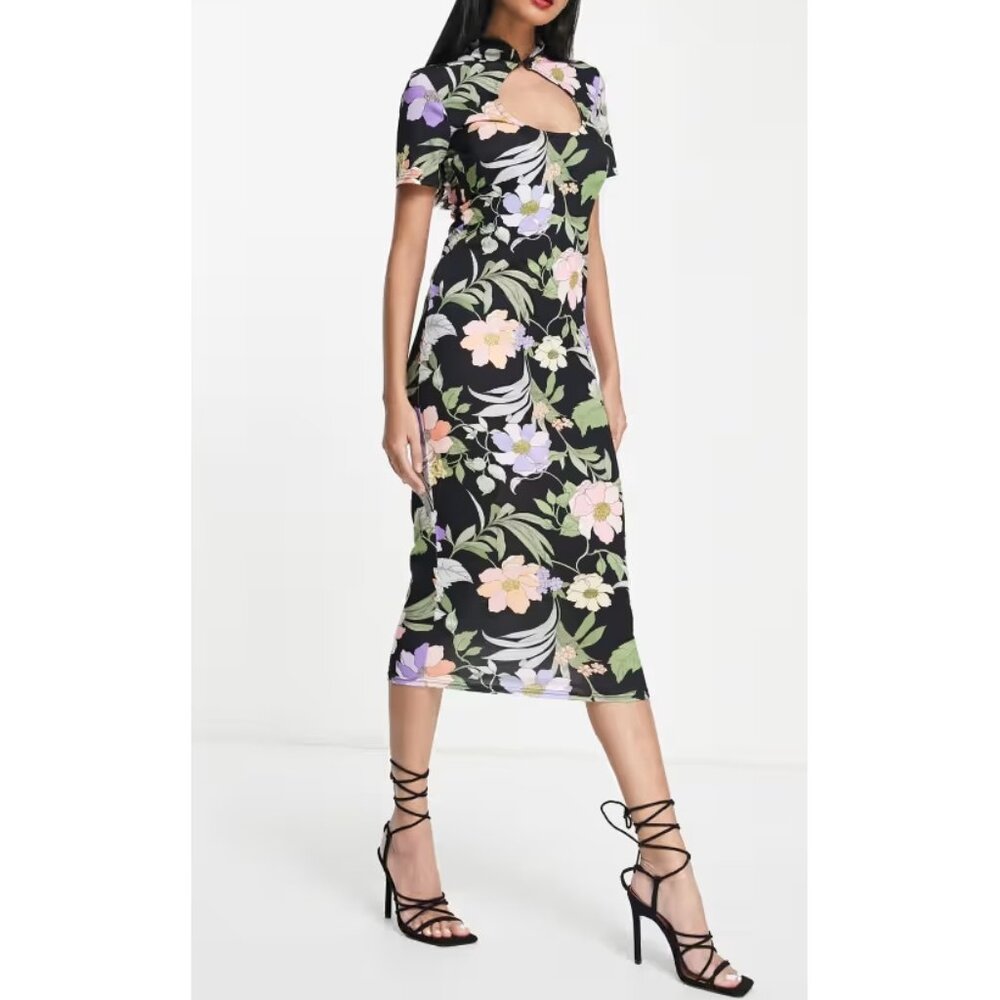 ASOS Keyhole Midi Sketchy Floral Print Asian Chinese Oriental Japanese Cut-Out 4